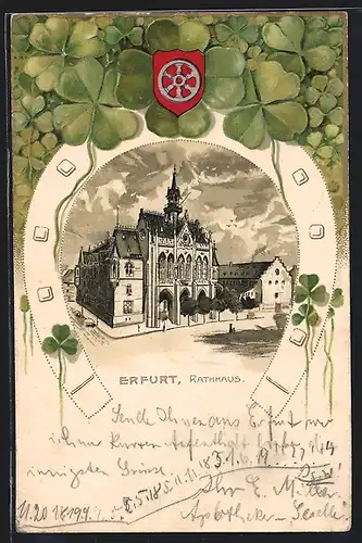 Passepartout-Lithographie Erfurt, Rathaus, Kleeblätter und Wappen
