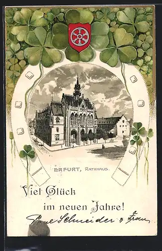 Passepartout-Lithographie Erfurt, Rathaus, Kleeblätter und Wappen, Neujahrsgruss