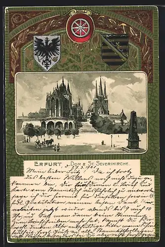 Passepartout-Lithographie Erfurt, Blick auf Dom & Severikirche, Wappen