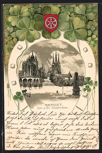 Passepartout-Lithographie Erfurt, Dom & St. Severikirche im Hufeisen, Wappen, Kleeblätter