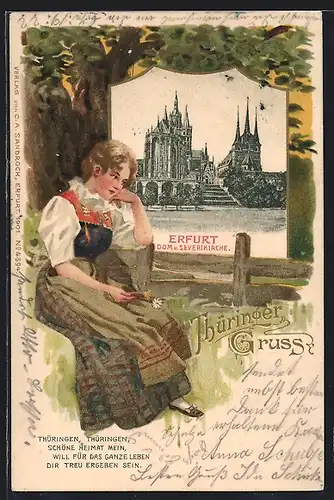 Passepartout-Lithographie Erfurt /Thüringen, Dom und Severikirche, Frau in Tracht