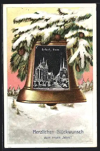 Künstler-AK Erfurt, Dom bei Mondschein im Winter in Glocke, Neujahrsgruss, Passepartout