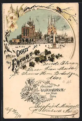 Winter-Lithographie Erfurt, Dom und St. Severikirche