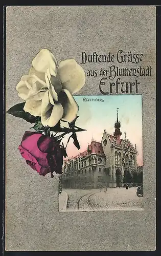 AK Erfurt, Strassenpartie mit Rathaus, Rosen
