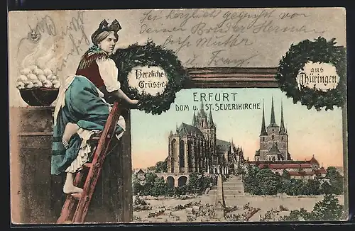 Passepartout-AK Erfurt, Dom und St. Severikirche, Frau im Trachtenkleid hängt Tannenkränze auf