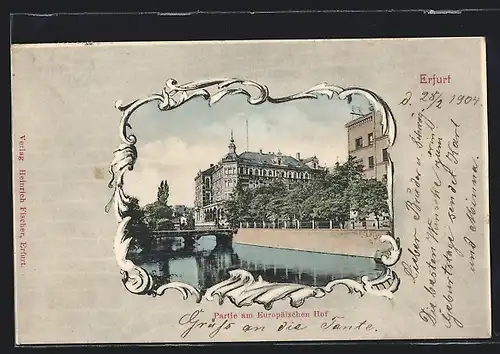 AK Erfurt, Hotel Europäischer Hof mit Brücke, Passepartout