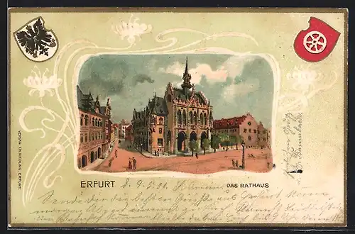 Passepartout-Lithographie Erfurt, Ortspartie mit Rathaus, Wappen