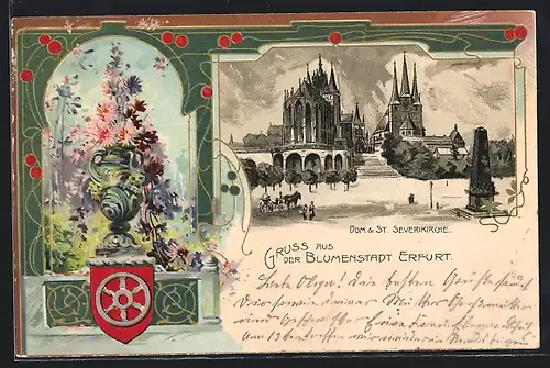 Lithographie Erfurt, Dom und St. Severikirche und Wappen