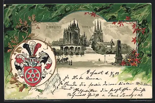 Lithographie Erfurt, Dom, St. Severikirche und Wappen
