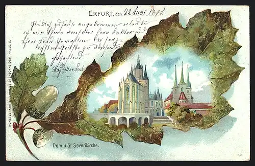 Passepartout-Lithographie Erfurt, Dom und St. Severikirche im Eichenblatt