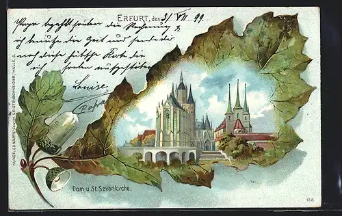 Passepartout-Lithographie Erfurt, Dom und Severikirche im Eichenblatt