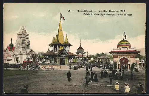AK Marseille, Exposition Coloniale 1906, Palais du Cambodge, Pavillons Velten et Picon
