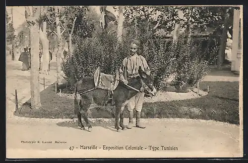 AK Marseille, Exposition Coloniale, Type Tunisien, Tunesier mit Maultier bei der Ausstellung