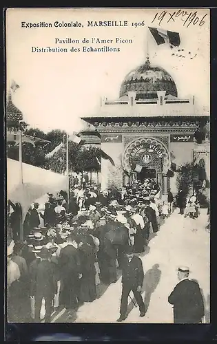 AK Marseille, Exposition coloniale 1906, Pavillon de l` Amer Picon Distribution des Echantillons