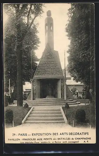 AK Paris, Exposition des Arts Decoratifs 1925, Pavillon Mausolee aux Morts des Batailles de Champagne