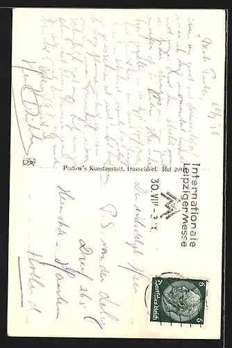 AK Düsseldorf, Strassenpartie mit Ulanendenkmal und Autos