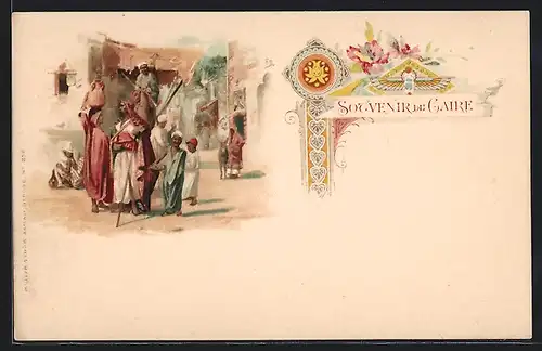 Lithographie Kairo, Gruppe mit Kamel, Strassenszene