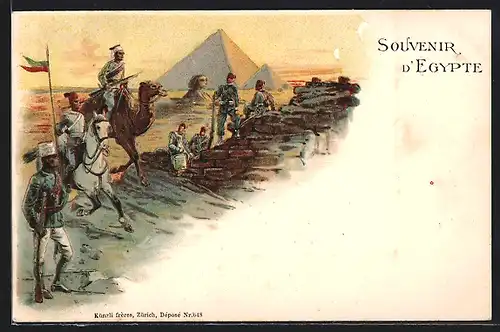 Lithographie Agyptisches Militär vor Pyramiden, Kamelreiter