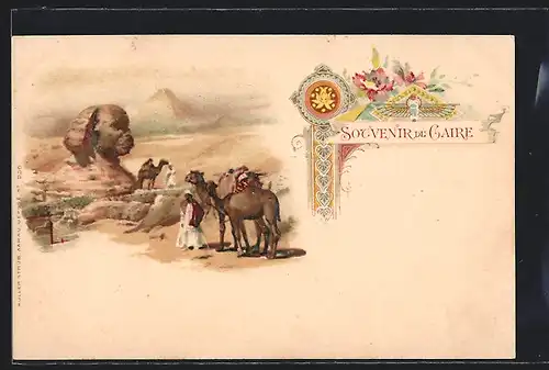 Lithographie Gizeh, Beduinen mit Kamelen vor Sphynx