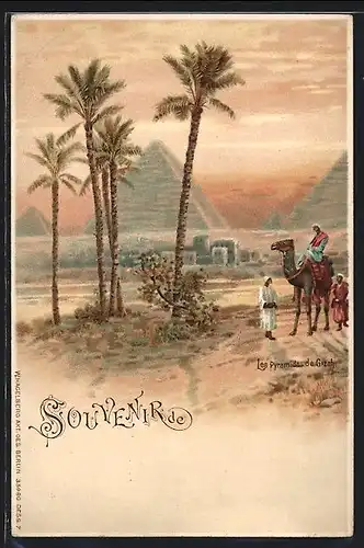 Lithographie Gizeh, Die Pyramiden von Gizeh, mit Kamel