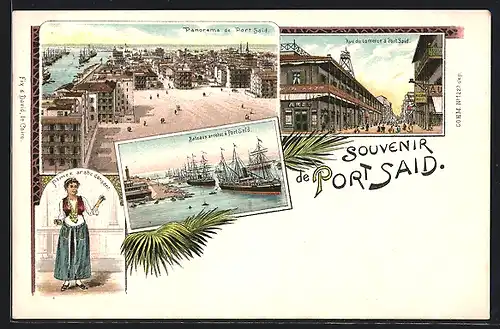 Lithographie Port Said, Panorama, Rue du comerce, Bateaux arretes, Almee arabe dansant
