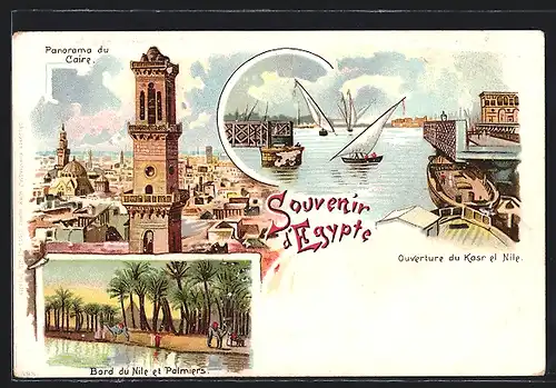 Lithographie Caire, Panorama, Bord du Nile et Palmiers, Ouverture du Kasr el Nile