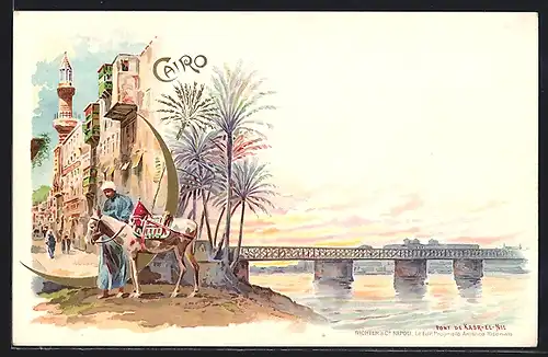 Lithographie Kairo, Strassenpartie und Knabe mit Esel, Brücke Kasr-El-Nil