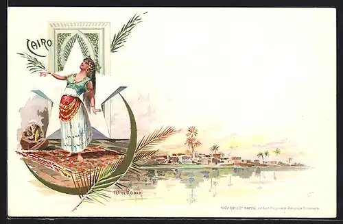 Lithographie Cairo, Arabische Tänzerin, Ile de Rodah
