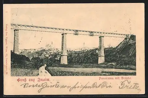 AK Znaim, Panorama mit Brücke
