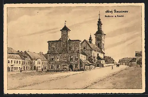 Künstler-AK Nový Rousinov, Radnice a kostel