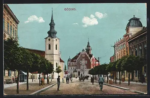 AK Göding / Hodonin, Strassenpartie mit Blick auf Kirche