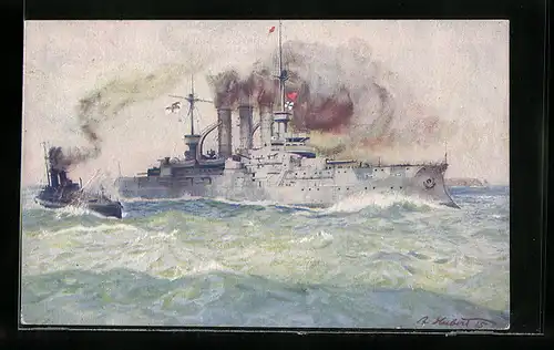 Künstler-AK A. Hubert: Deutsches Linienschiff auf Patrouillenfahrt bei Helgoland
