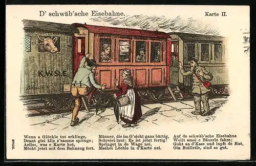 Lithographie D` schwäb`sche Eise`bahne, Bauer steigt in die Eisenbahn ein