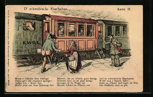 Lithographie D` schwäb`sche Eise`bahne, Bauer steigt in die Eisenbahn ein