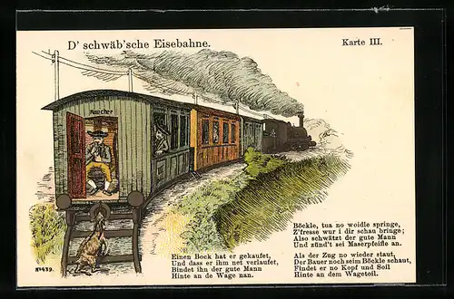 AK Schwäbische Eisenbahn, sparsamer Schwabe hat die Ziege hinten angebunden, Gedicht