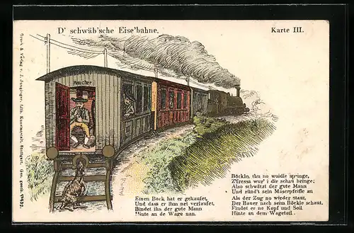 AK Schwäbische Eisenbahn, sparsamer Schwabe hat die Ziege hinten angebunden, Gedicht