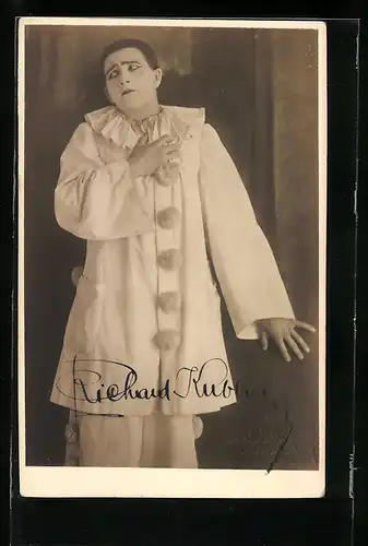 AK Opernsänger Richard Kubla als Harlekin kostümiert, original Autograph