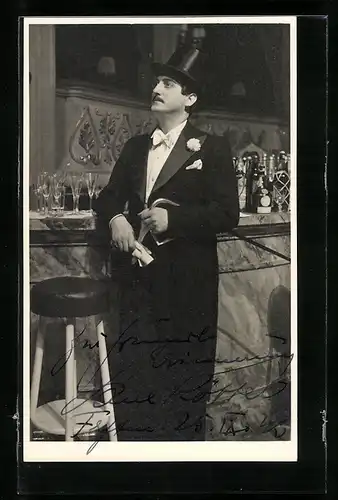 AK Opernsänger Paul Kötter im Frack mit Zylinder, original Autograph