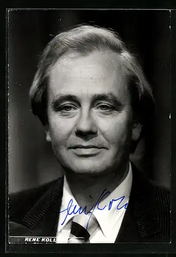 AK Opernsänger Rene Kollo lächelt im schwarzen Anzug, mit original Autograph