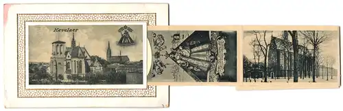 Leporello-AK Kevelaer, Hotel zum Goldenen Apfel, Strassenpartie mit Kirche, Gnadenbild