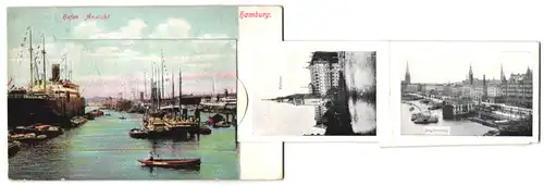 Leporello-AK Hamburg, Dampfer am Hafen, Fährhaus St. Pauli, Jungfernstieg, Neue Elbbrücke