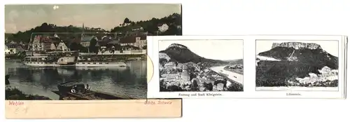 Leporello-AK Wehlen /Sächs. Schweiz, Dampfer König Albert vor Hotel Restaurant, Prebischthor, Lilienstein