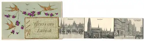 Leporello-AK Lübeck, Ansichten hinter der Mappe, Hafen, Hauptpost, Holstentor, Dom und Museum