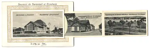 Leporello-AK Darmstadt, Hauptbahnhof, Marktplatz, Künstler-Kolonie, Hoftheater, Truppenübungsplatz Griesheim