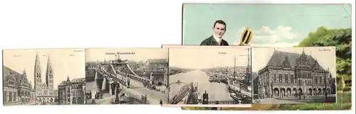 Leporello-AK Bremen, Ansichten hinterm Buch, Rathaus, Freihafen, Grosse Weserbrücke