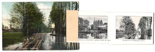 Leporello-AK Lübbenau i. Spreewald, Spreepartie mit Lübbenauer Kirche, Gasthof zum fröhlichen Hecht