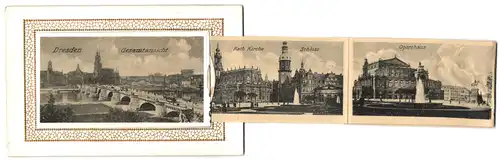 Leporello-AK Dresden, Gesamtansicht, Altmarkt, Opernhaus, Neues Schauspielhaus, Wallpavillon im Zwinger