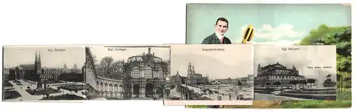 Leporello-AK Dresden, Ansichten hinterm Buch, Kgl. Hofoper, Augustusbrücke, Kgl. Zwinger, Kgl. Grosser Garten