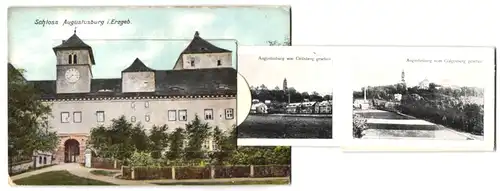 Leporello-AK Augustusburg i. Erzgeb., Schloss, Ortsansicht vom Galgenberg, Kurhotel Waldhaus