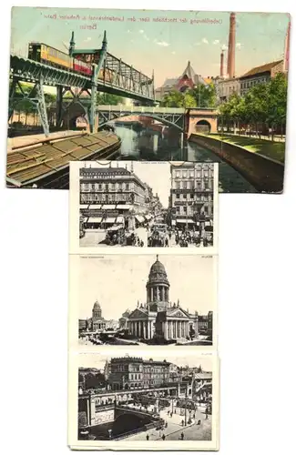 Leporello-AK Berlin, Ueberführung der Hochbahn über den Landwehrkanal u. Anhalter Bahnhof, Siegessäule